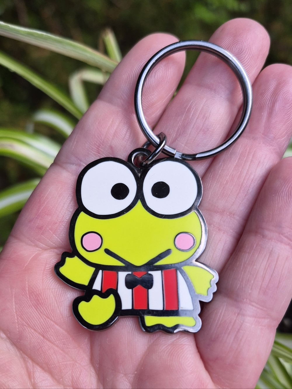 Sanrio Keroppi "88 19" 1988 Metal Enamel Red White Stripes Keychain